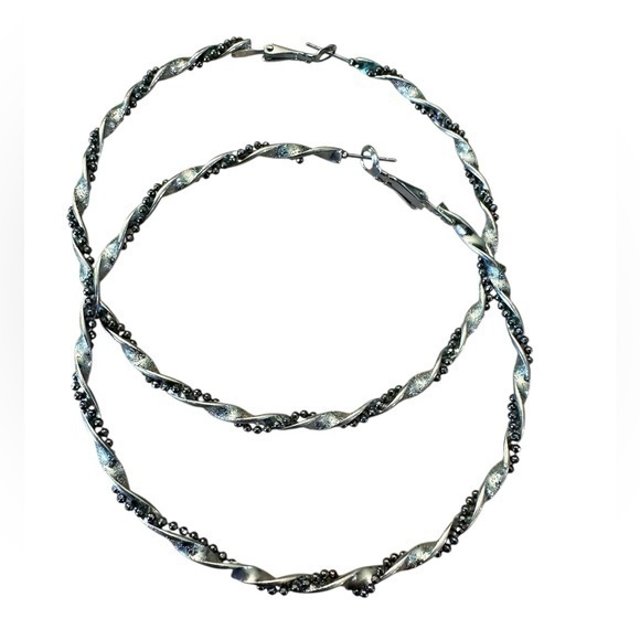 Jewelry - Silver Tone and Black Bead Twist Hoop Earrings